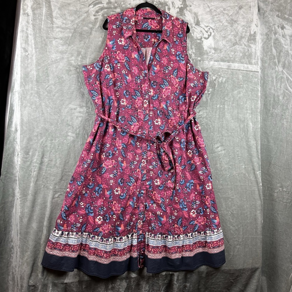 Lane Bryant Midi Dress Women's 28 Magenta Blue Floral Bird Button Front Pockets